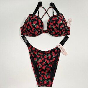 Victoria Secret 36DD L Bombshell Push Up Top Bikini Set Shine Strap Cherry Print